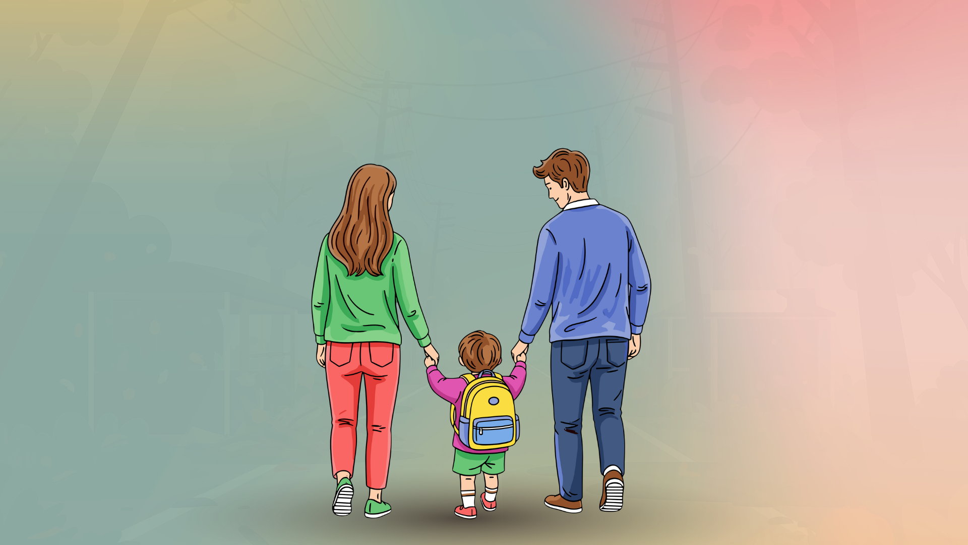 A mother, father, and young child wearing a backpack walk away from the viewer hand-in-hand against a soft, gradient background.