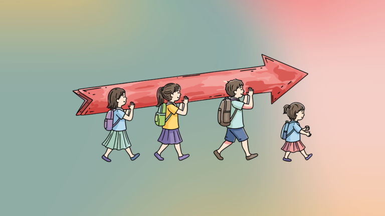 Four children walking in a line, collectively carrying a large, stylized red arrow pointing forward over their shoulders.