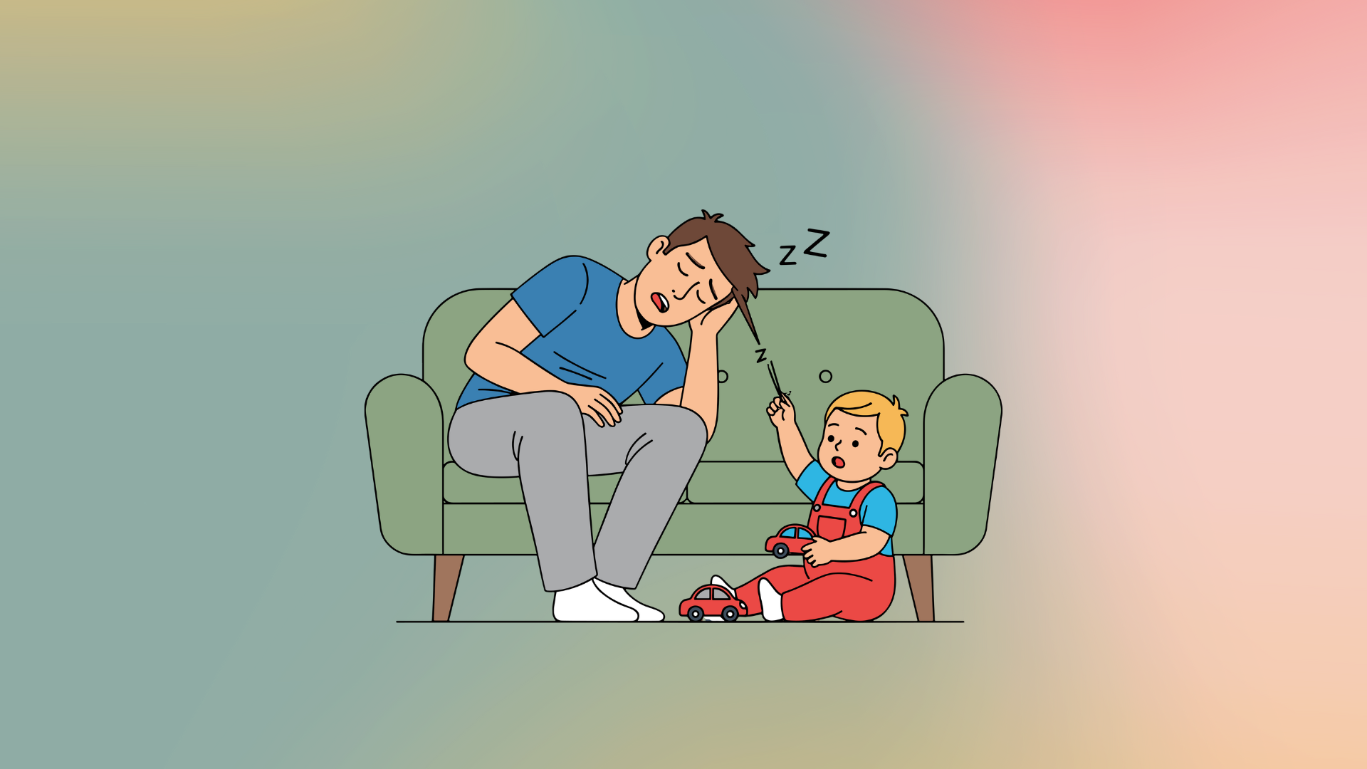 An exhausted father sleeps on a green sofa while a toddler standing next to him tries to wake him up.