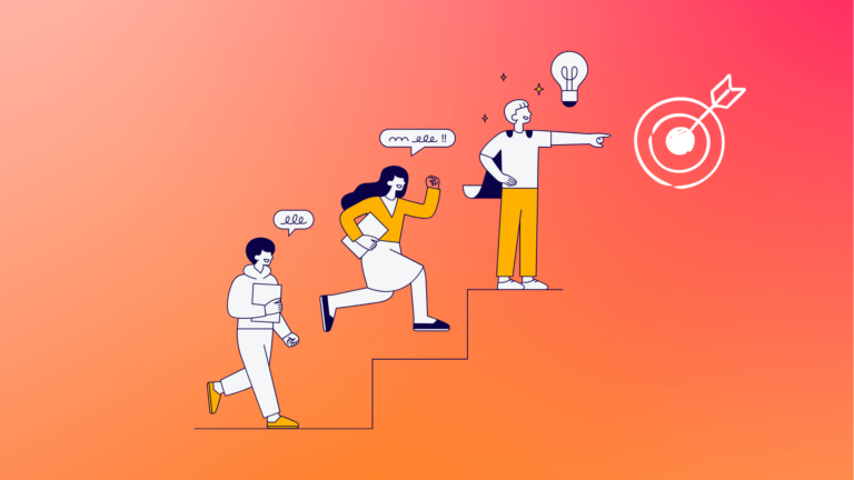 An illustration representing business leadership and team productivity, showing a leader guiding their team with a clear strategy and vision toward a shared goal or target.