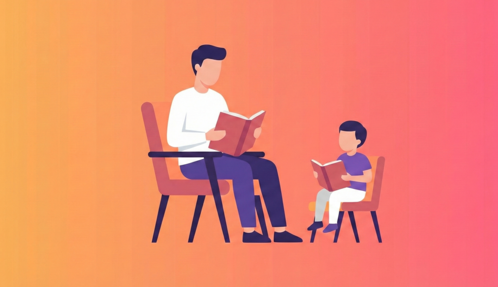 Father and young son sitting on chairs reading books together against a warm orange-to-pink gradient background.