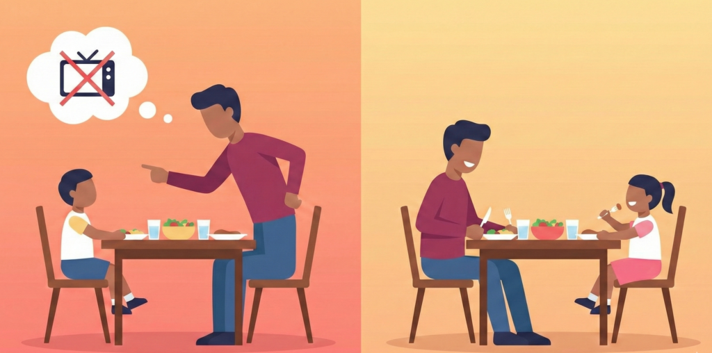 Split image of father and child at dinner, with a no-TV symbol on one side and a happy, distraction-free meal on the other.