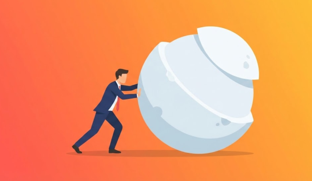 Illustration of a businessman pushing a large boulder uphill, representing responsibility, effort, and leadership challenges.