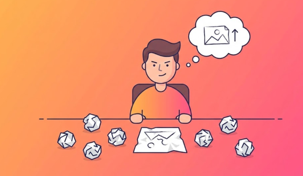 A flat illustration of a person at a desk with crumpled papers imagining a successful outcome, representing how practice makes progress in business.