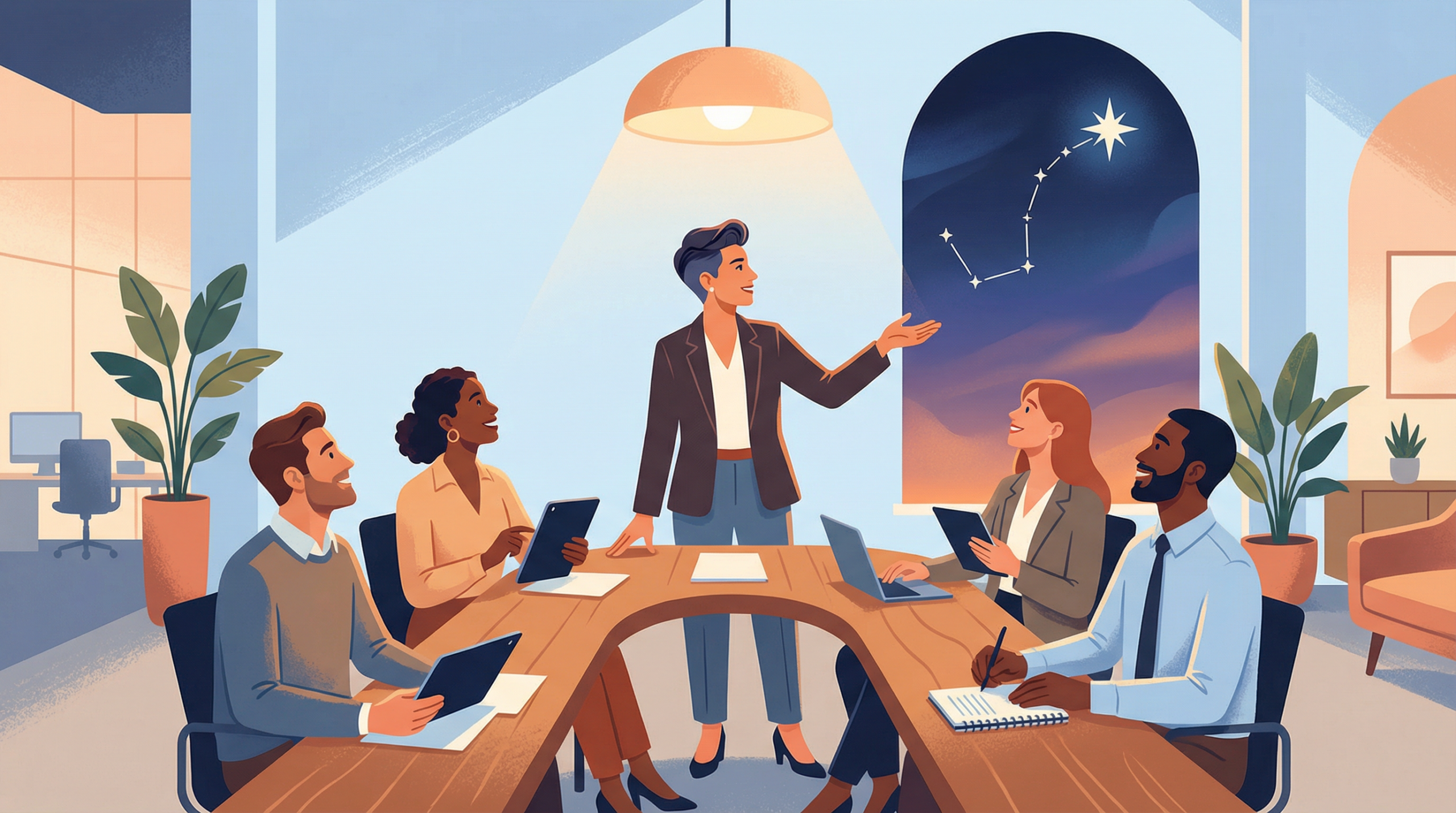 A leader in a boardroom pointing toward a constellation that forms a guiding arrow.