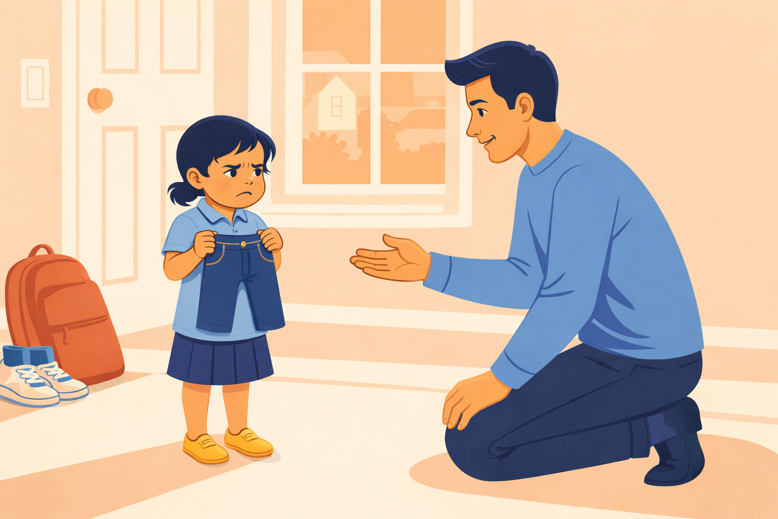 Father kneeling to calmly talk with his upset young daughter who is holding her school pants near the front door, with morning sunlight coming through a window.