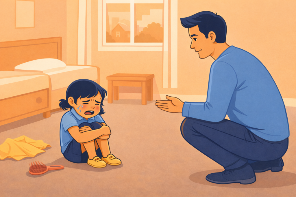 Young child sitting on the floor crying after a tantrum while a calm parent kneels nearby listening in a softly lit home.