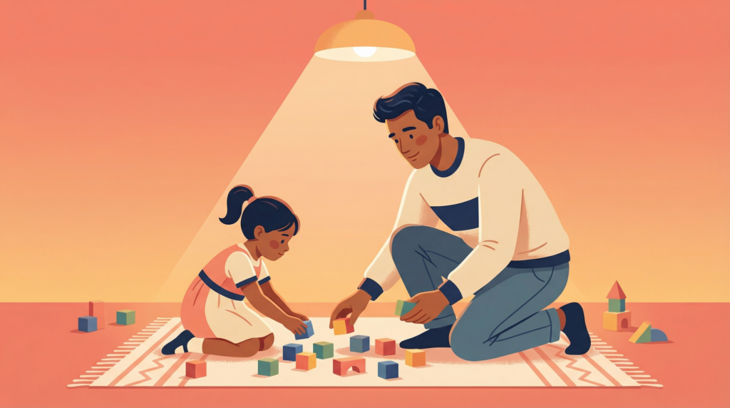 Father kneeling beside his young daughter on a rug, helping her build colorful blocks under a warm hanging lamp.