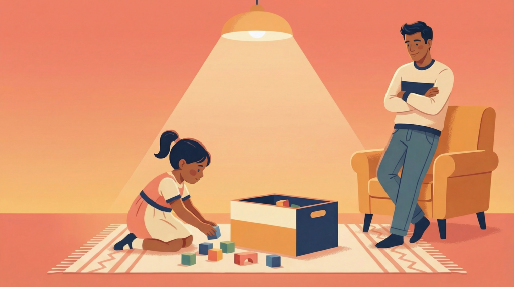 Young girl playing with building blocks on a rug while a man stands nearby watching as she learns independently.