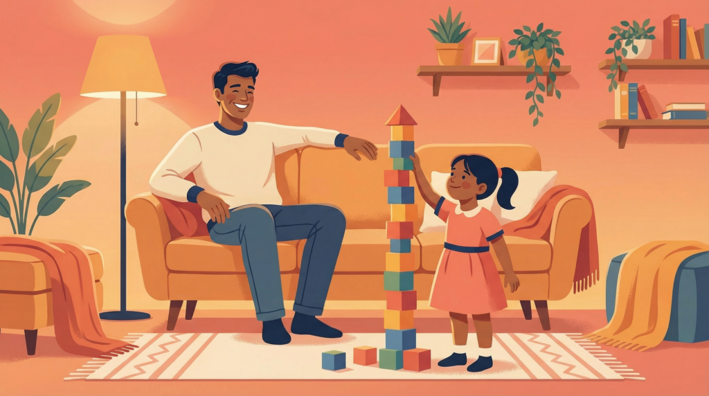 Young girl stacking a tall tower of colorful blocks while her father sits on a couch smiling proudly.