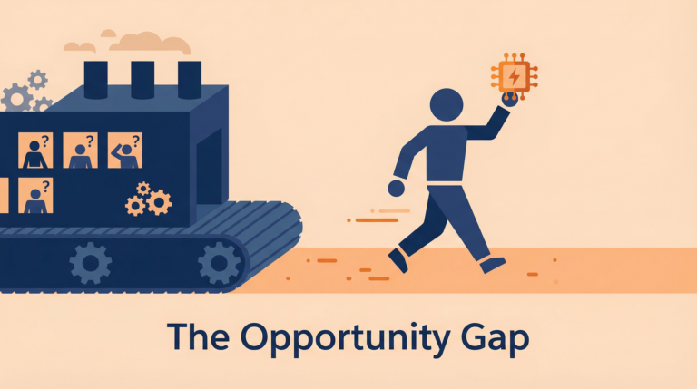 Opportunity gap illustrated with factory workers and AI user